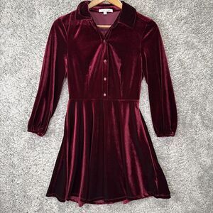 City Vibe Mini Dress Red Velvet Small Collared Shirt Dress 3/4 Sleeve Classic